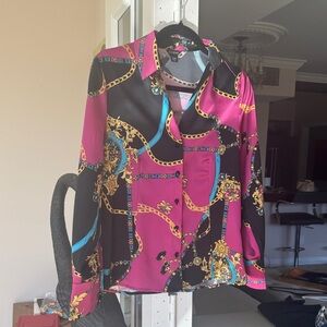 Cache Pink and Black Button Down Shirt